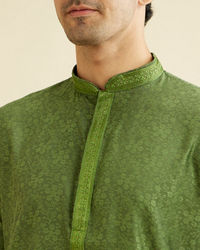 Manyavar Men Soft Green Bel Buti Patterned Kurta Set