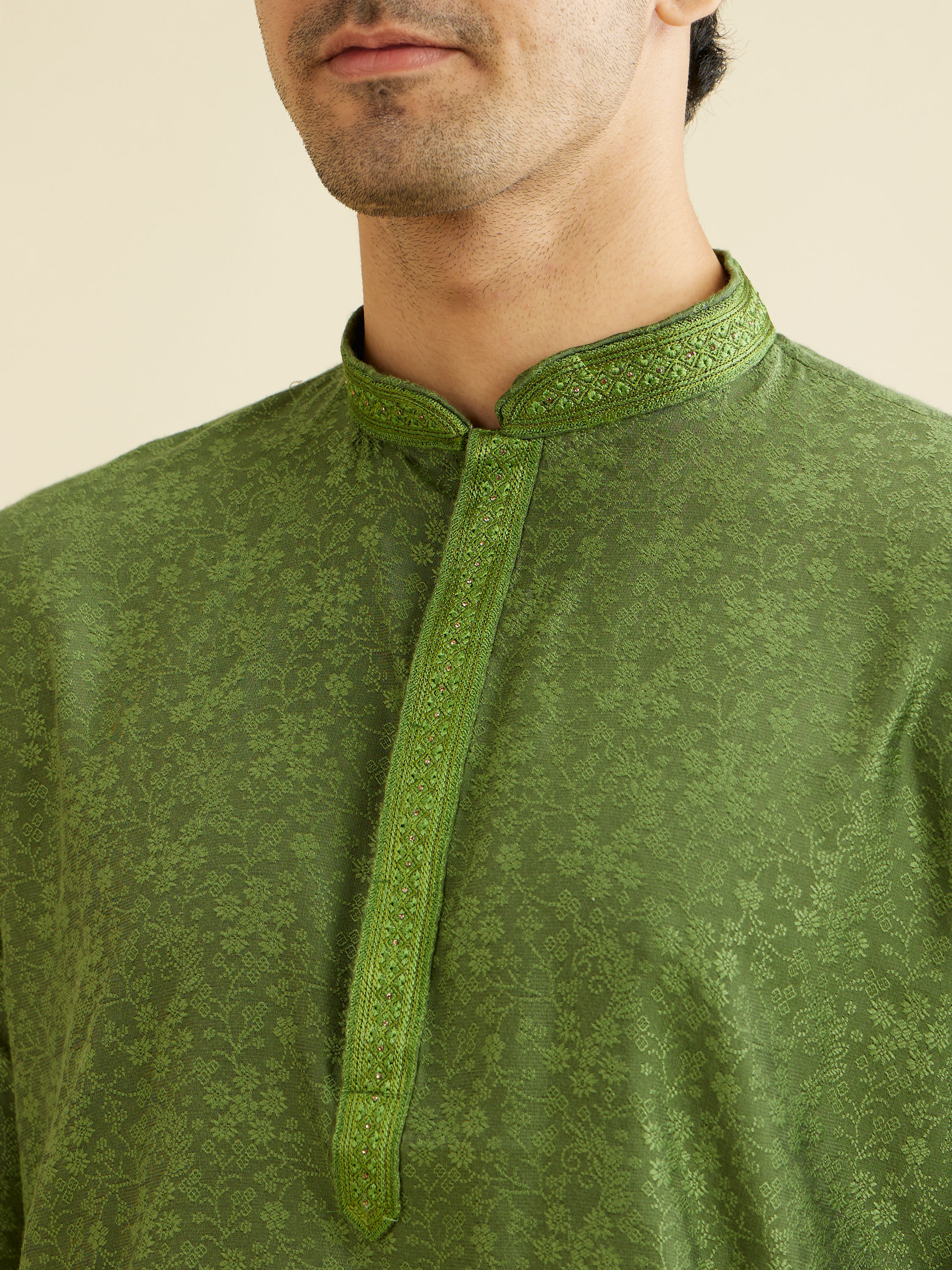 Manyavar Men Soft Green Bel Buti Patterned Kurta Set