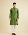 alt message - Manyavar Men Soft Green Bel Buti Patterned Kurta Set image number 2