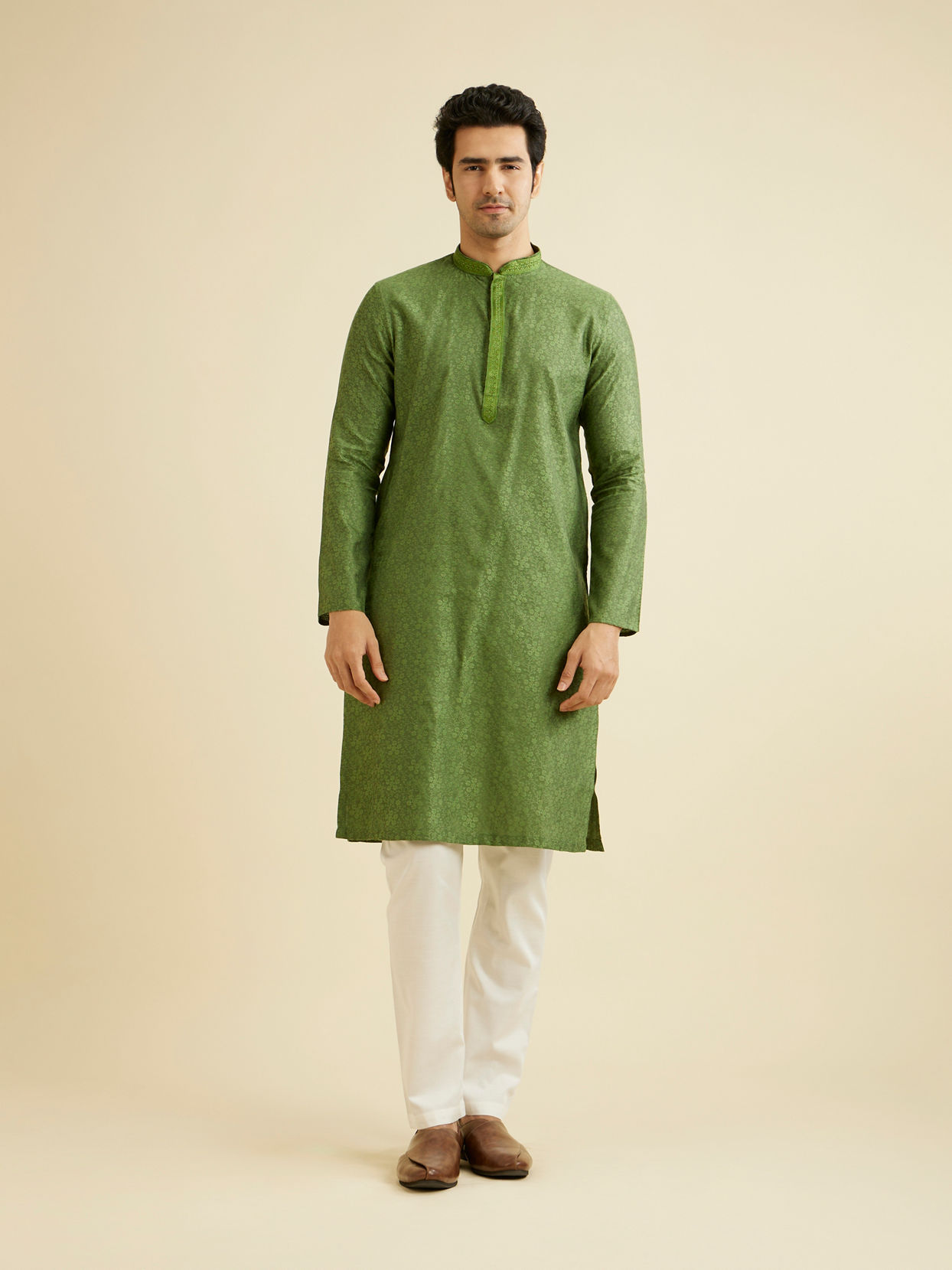 Manyavar Men Soft Green Bel Buti Patterned Kurta Set