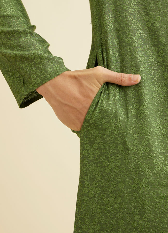 Manyavar Men Soft Green Bel Buti Patterned Kurta Set
