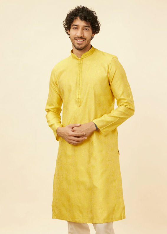 Manyavar Men Illuminating Yellow Bel Buti Patterned Kurta Set