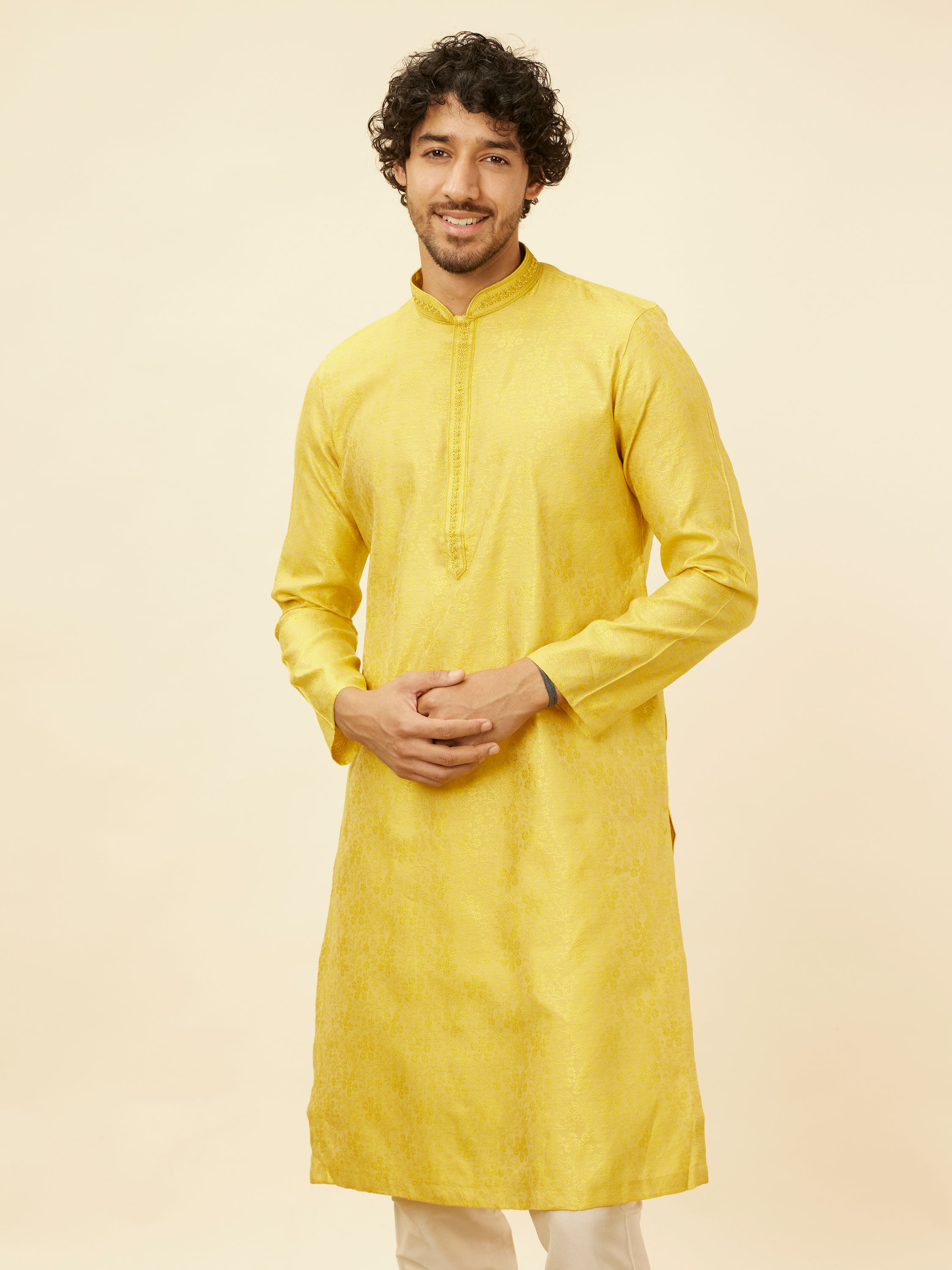 Manyavar Men Illuminating Yellow Bel Buti Patterned Kurta Set