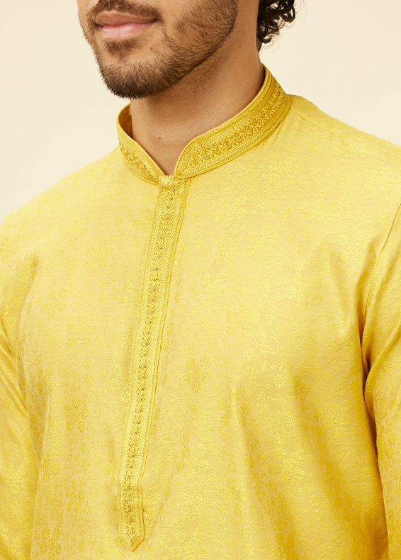 Manyavar Men Illuminating Yellow Bel Buti Patterned Kurta Set