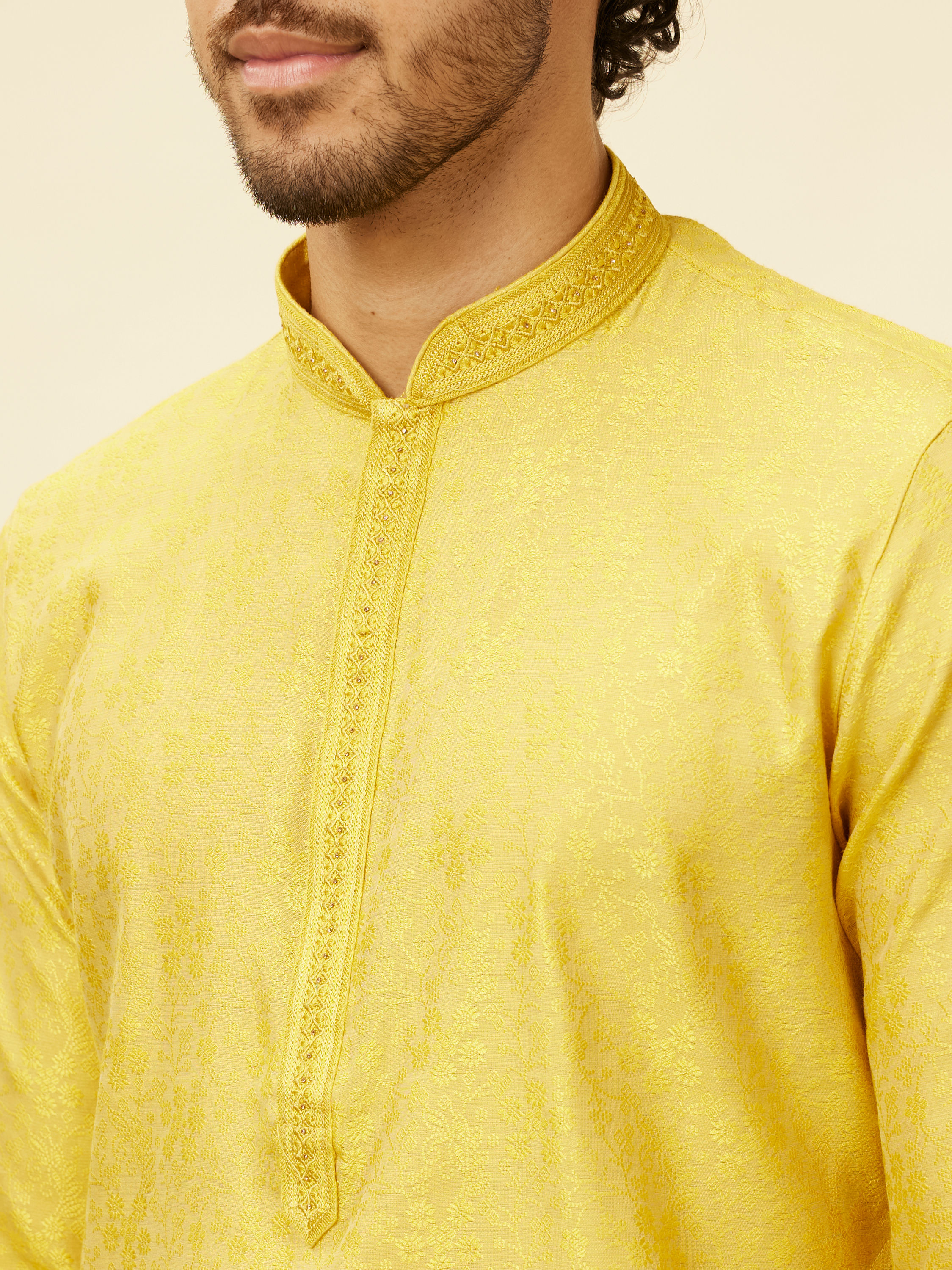 Manyavar Men Illuminating Yellow Bel Buti Patterned Kurta Set