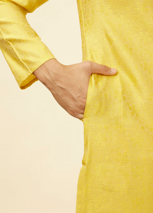 Manyavar Men Illuminating Yellow Bel Buti Patterned Kurta Set