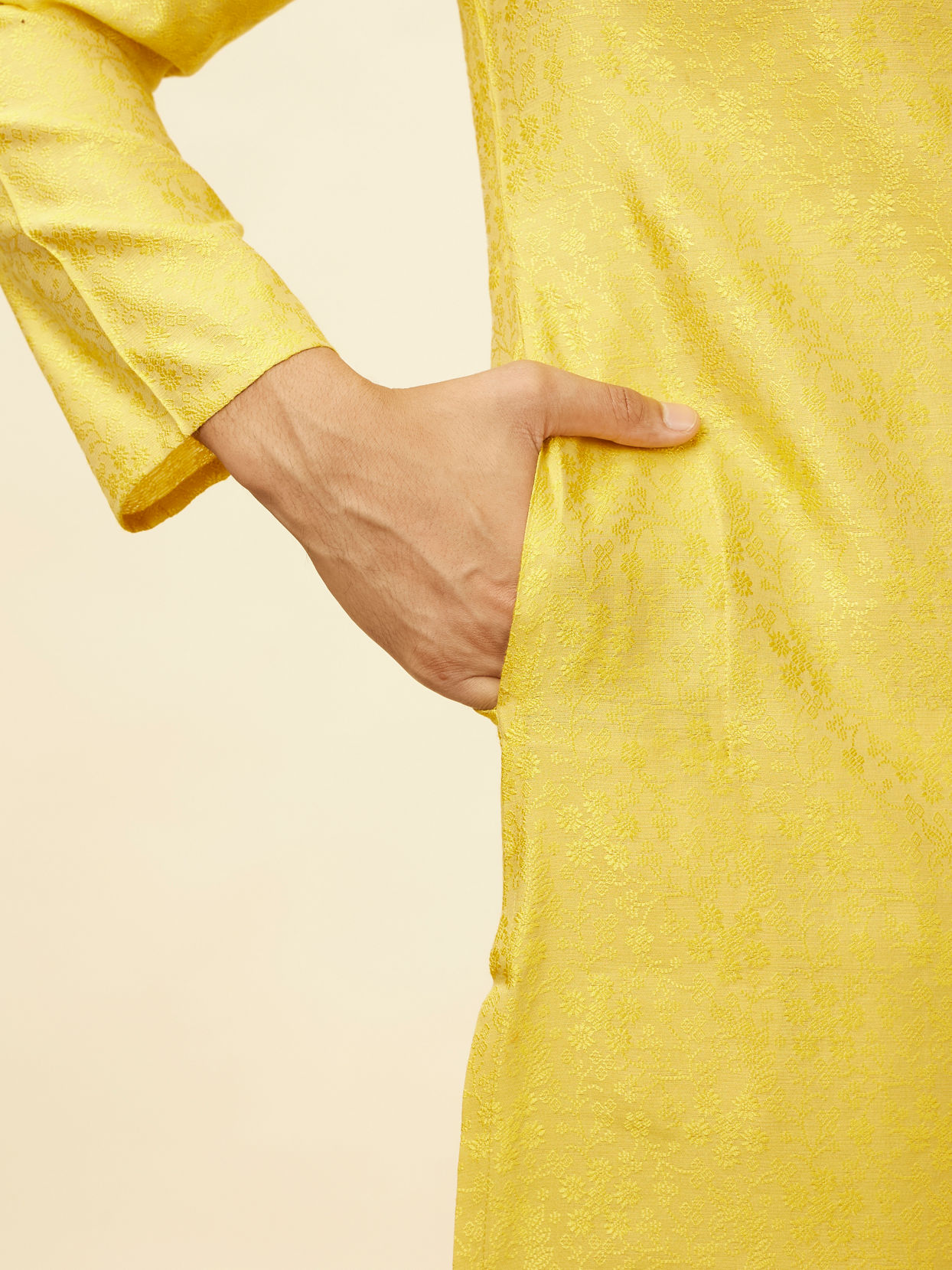 Manyavar Men Illuminating Yellow Bel Buti Patterned Kurta Set