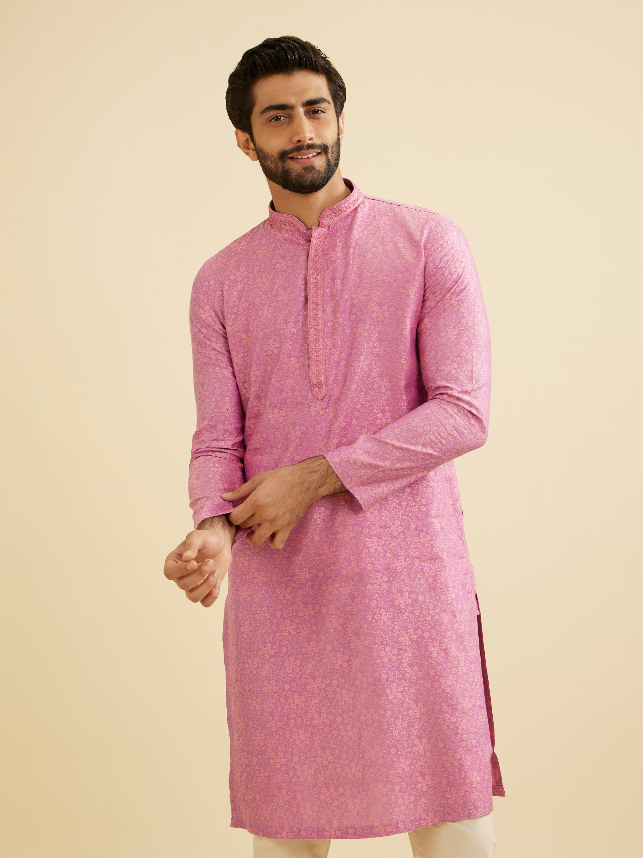 Manyavar Men Dusty Pink Bel Buti Patterned Kurta Set