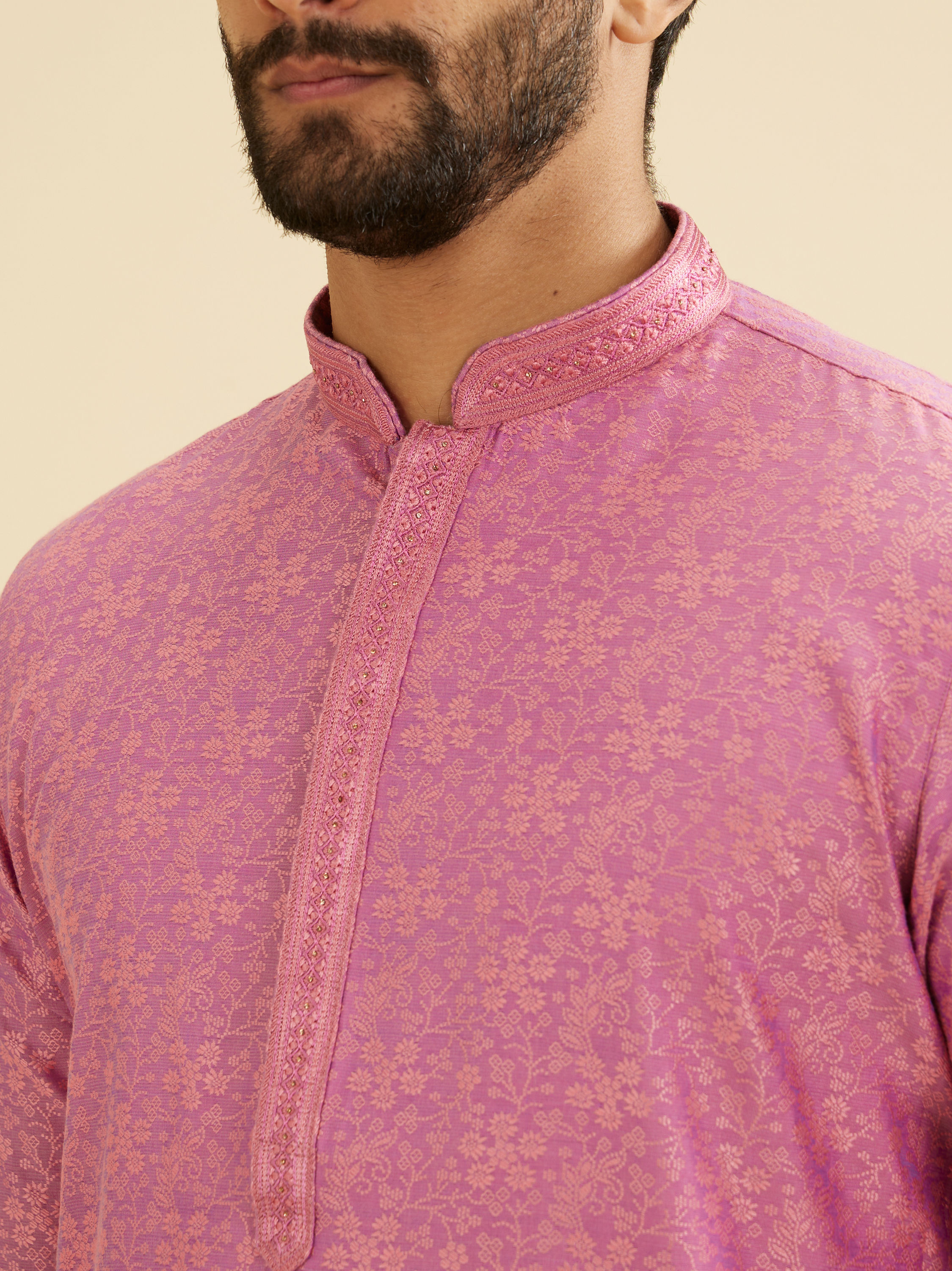 Manyavar Men Dusty Pink Bel Buti Patterned Kurta Set