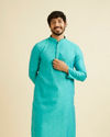 Manyavar Men Turquoise Blue Bel Buti Patterned Kurta Set