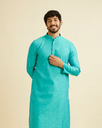 Manyavar Men Turquoise Blue Bel Buti Patterned Kurta Set