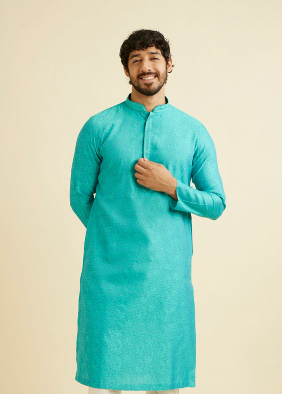 Manyavar Men Turquoise Blue Bel Buti Patterned Kurta Set