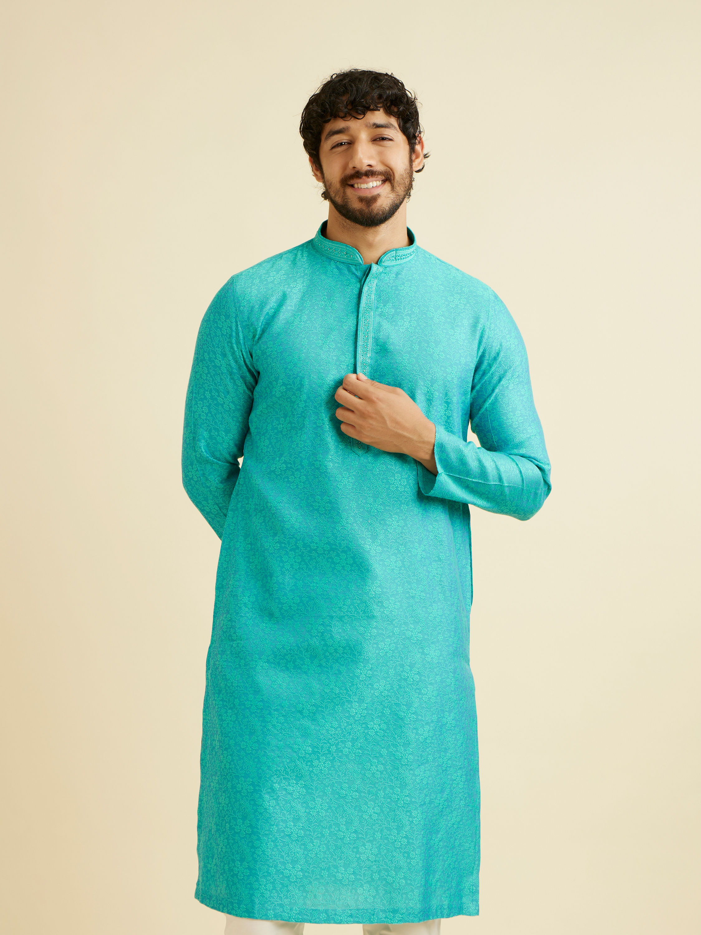 Manyavar Men Turquoise Blue Bel Buti Patterned Kurta Set