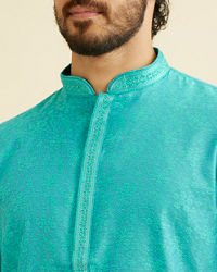 Manyavar Men Turquoise Blue Bel Buti Patterned Kurta Set