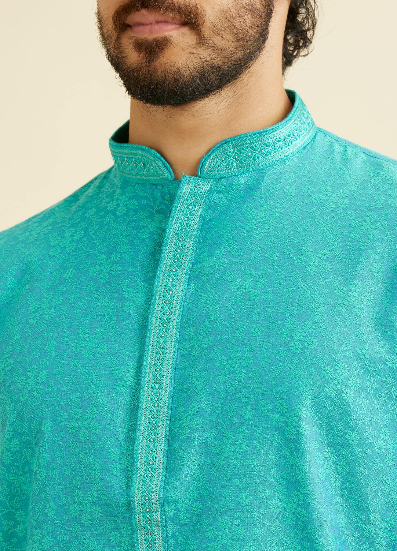 Manyavar Men Turquoise Blue Bel Buti Patterned Kurta Set