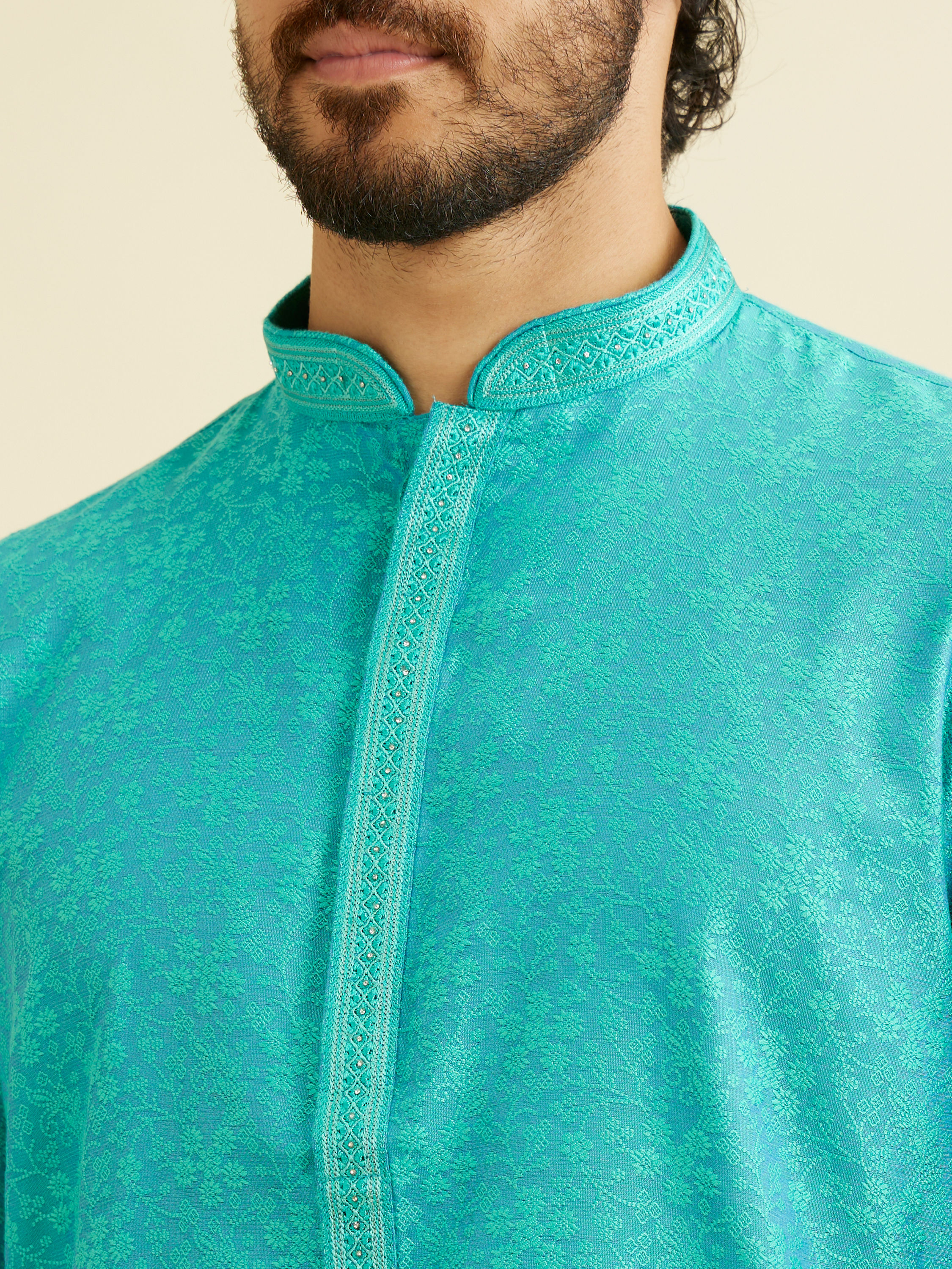 Manyavar Men Turquoise Blue Bel Buti Patterned Kurta Set