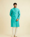 alt message - Manyavar Men Turquoise Blue Bel Buti Patterned Kurta Set image number 2