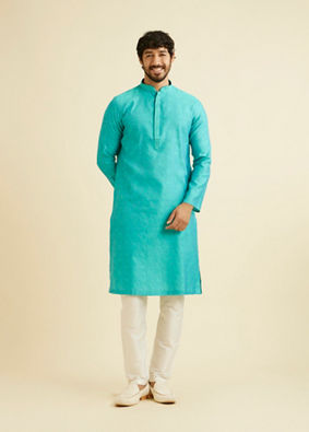 alt message - Manyavar Men Turquoise Blue Bel Buti Patterned Kurta Set image number 2