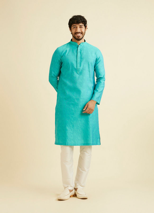 alt message - Manyavar Men Turquoise Blue Bel Buti Patterned Kurta Set image number 2