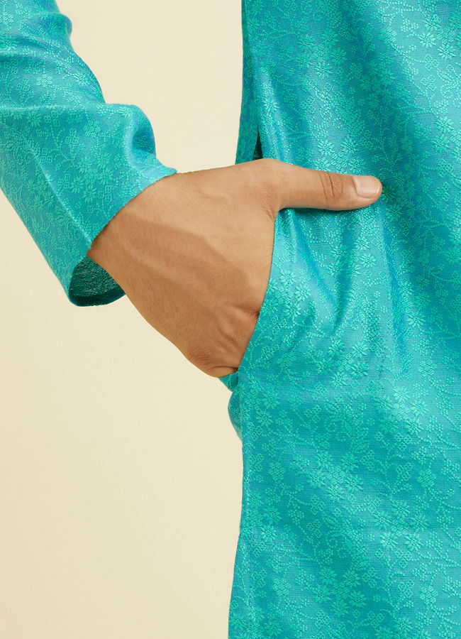 Manyavar Men Turquoise Blue Bel Buti Patterned Kurta Set