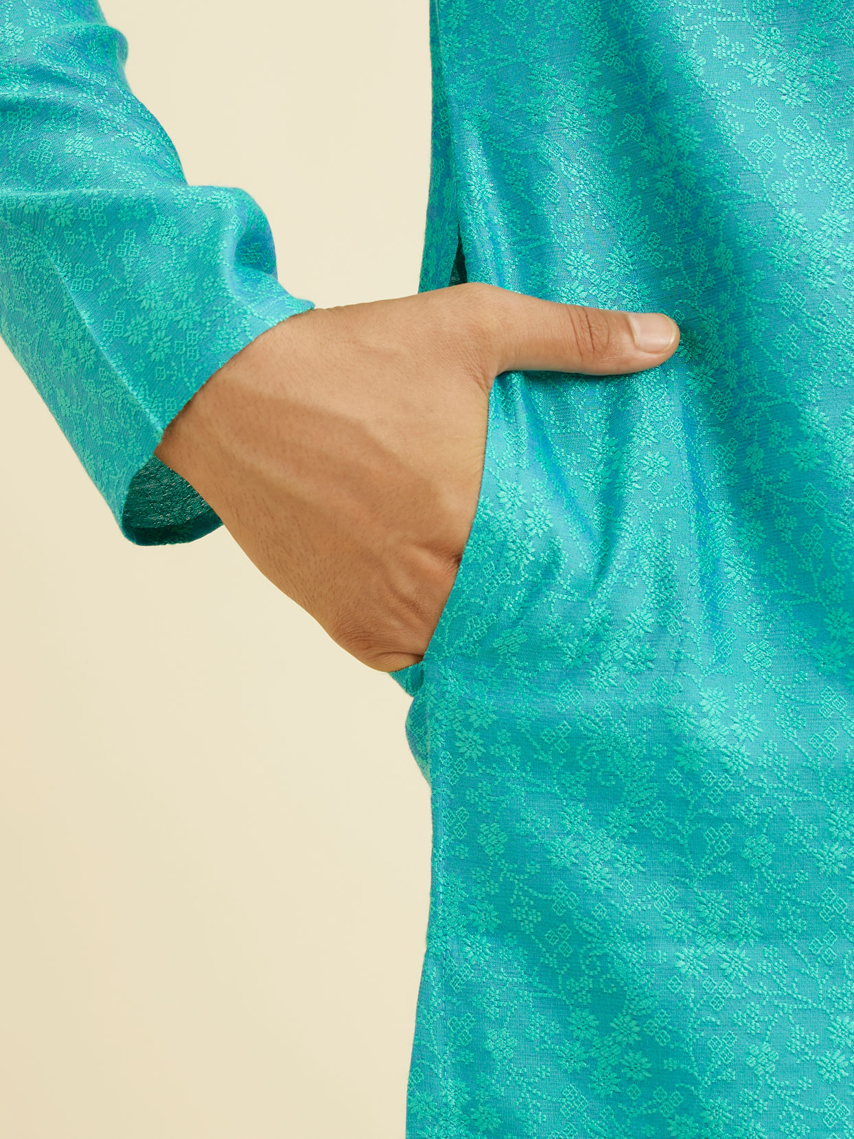 Manyavar Men Turquoise Blue Bel Buti Patterned Kurta Set