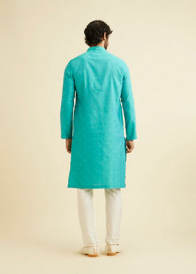 alt message - Manyavar Men Turquoise Blue Bel Buti Patterned Kurta Set image number 5