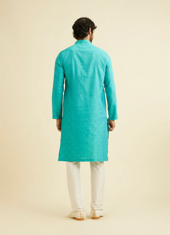 Manyavar Men Turquoise Blue Bel Buti Patterned Kurta Set