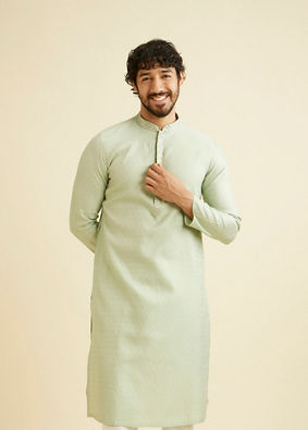 alt message - Manyavar Men Soft Green Floral Patterned Kurta Set image number 0