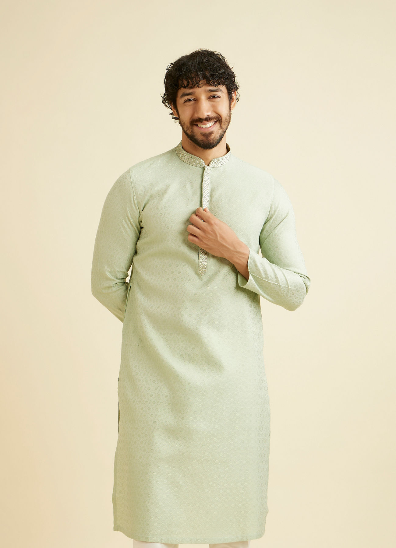 Manyavar Men Soft Green Floral Patterned Kurta Set