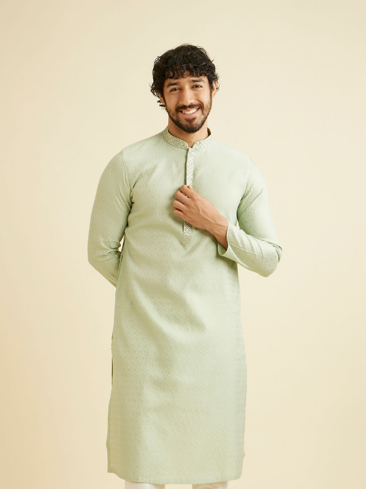 alt message - Manyavar Men Emerald Serenity Kurta Pajama Set image number 0