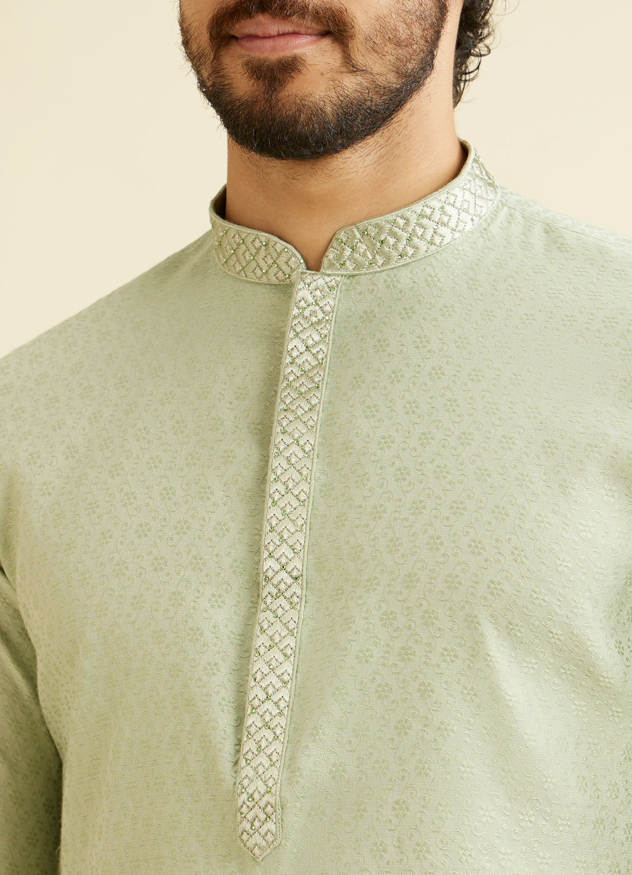 Manyavar Men Soft Green Floral Patterned Kurta Set