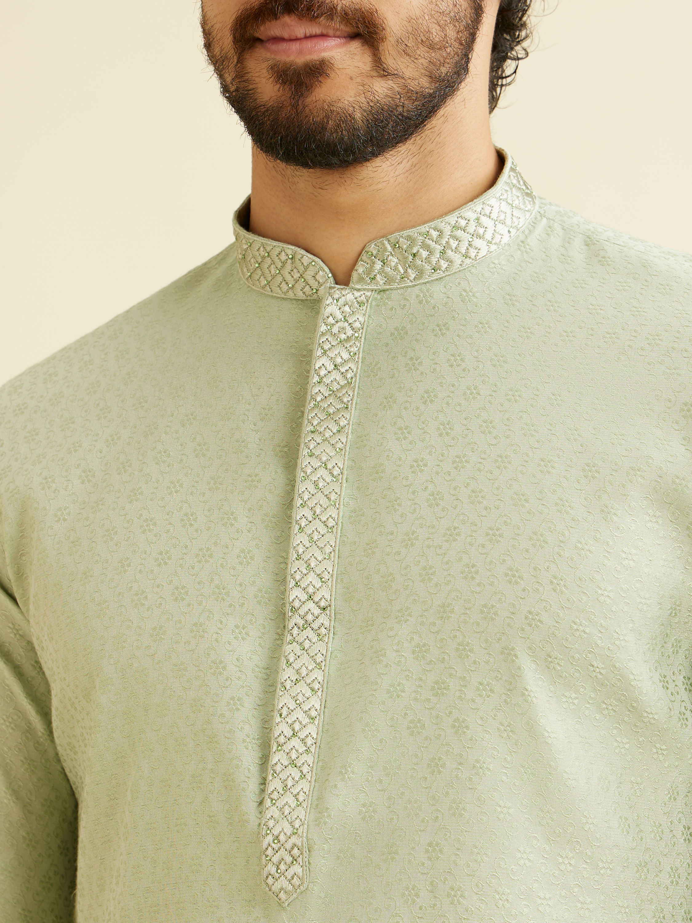 Manyavar Men Soft Green Floral Patterned Kurta Set