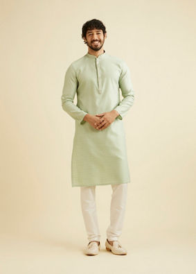 alt message - Manyavar Men Soft Green Floral Patterned Kurta Set image number 2