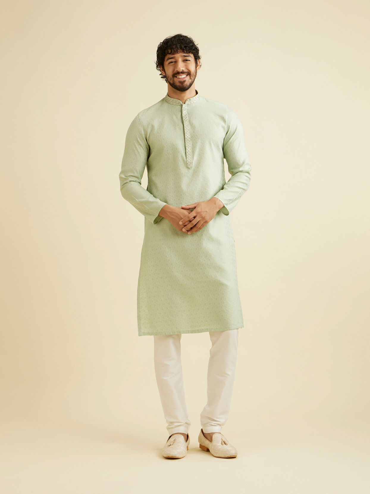 Manyavar Men Soft Green Floral Patterned Kurta Set