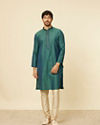 alt message - Manyavar Men Teal Green Sequin Embroidered Bandhgala Kurta Set image number 2