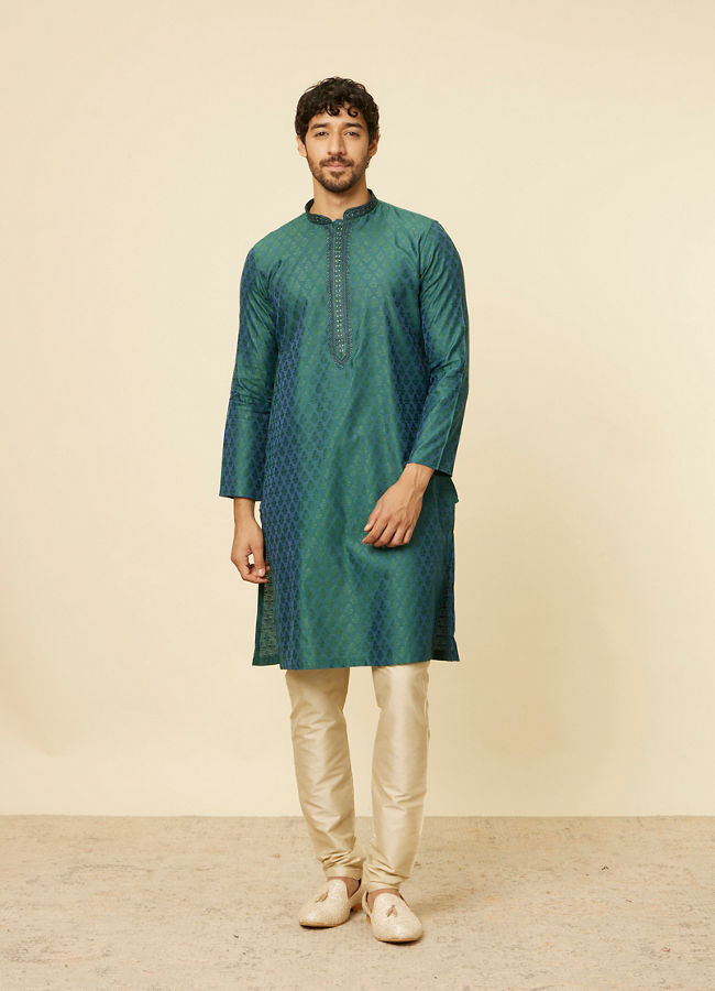 Manyavar Men Teal Green Sequin Embroidered Bandhgala Kurta Set