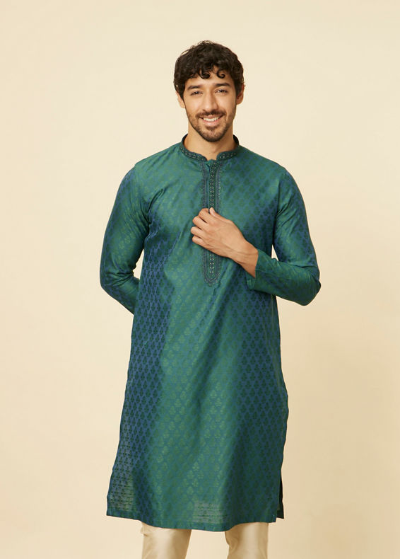 Manyavar Men Teal Green Sequin Embroidered Bandhgala Kurta Set