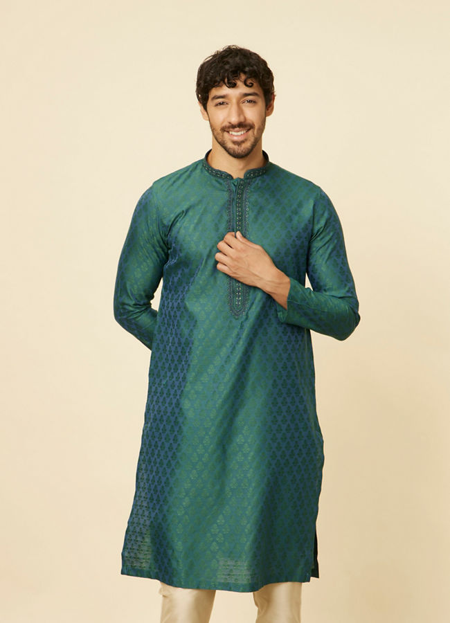 alt message - Manyavar Men Teal Green Sequin Embroidered Bandhgala Kurta Set image number 0