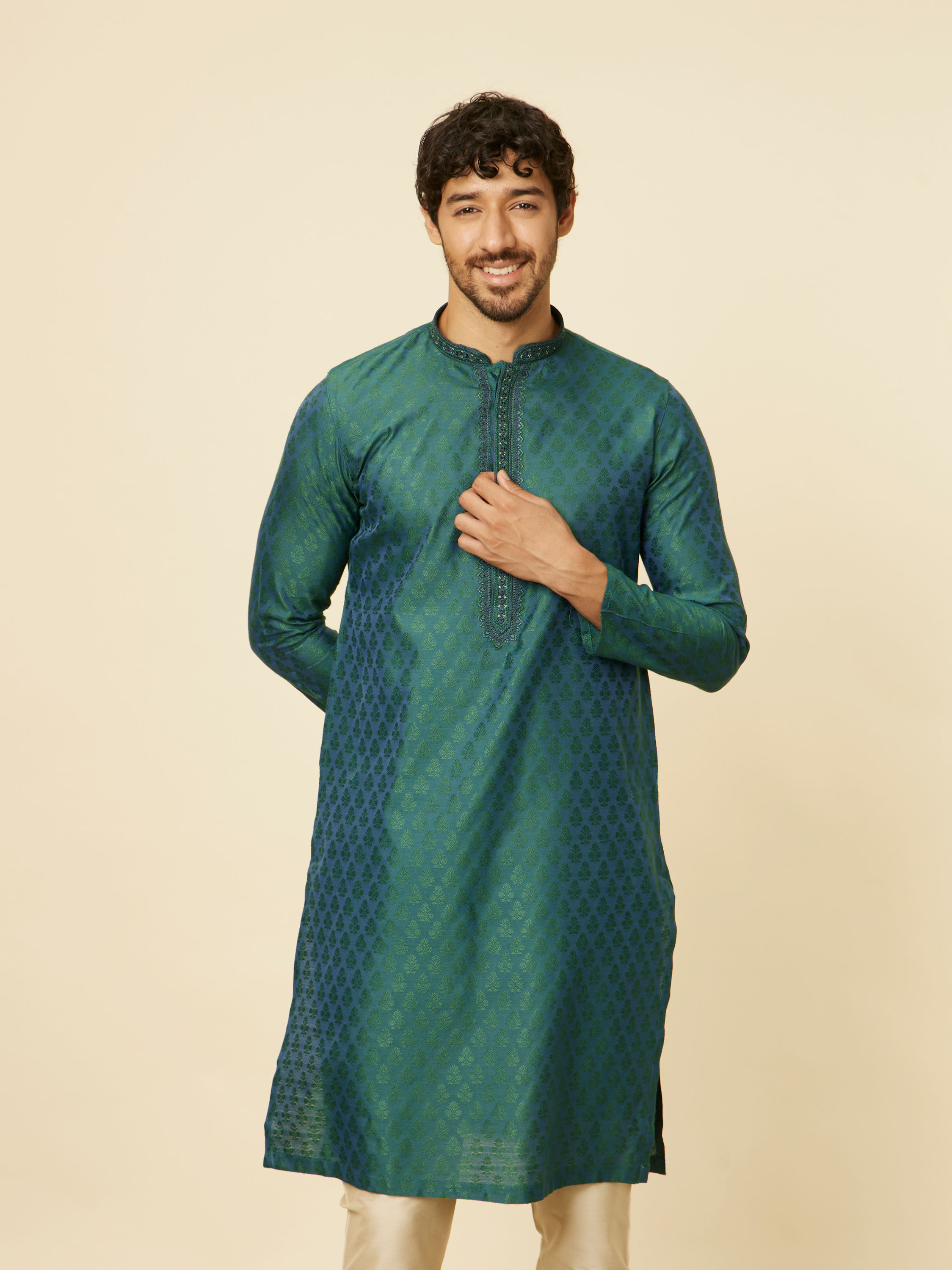 Manyavar Men Teal Green Sequin Embroidered Bandhgala Kurta Set