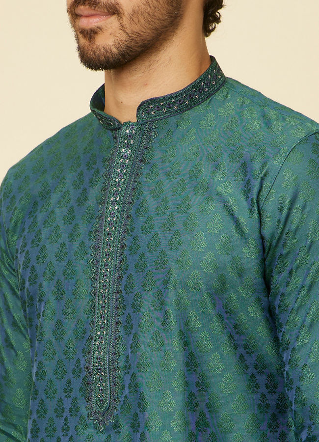 alt message - Manyavar Men Teal Green Sequin Embroidered Bandhgala Kurta Set image number 1