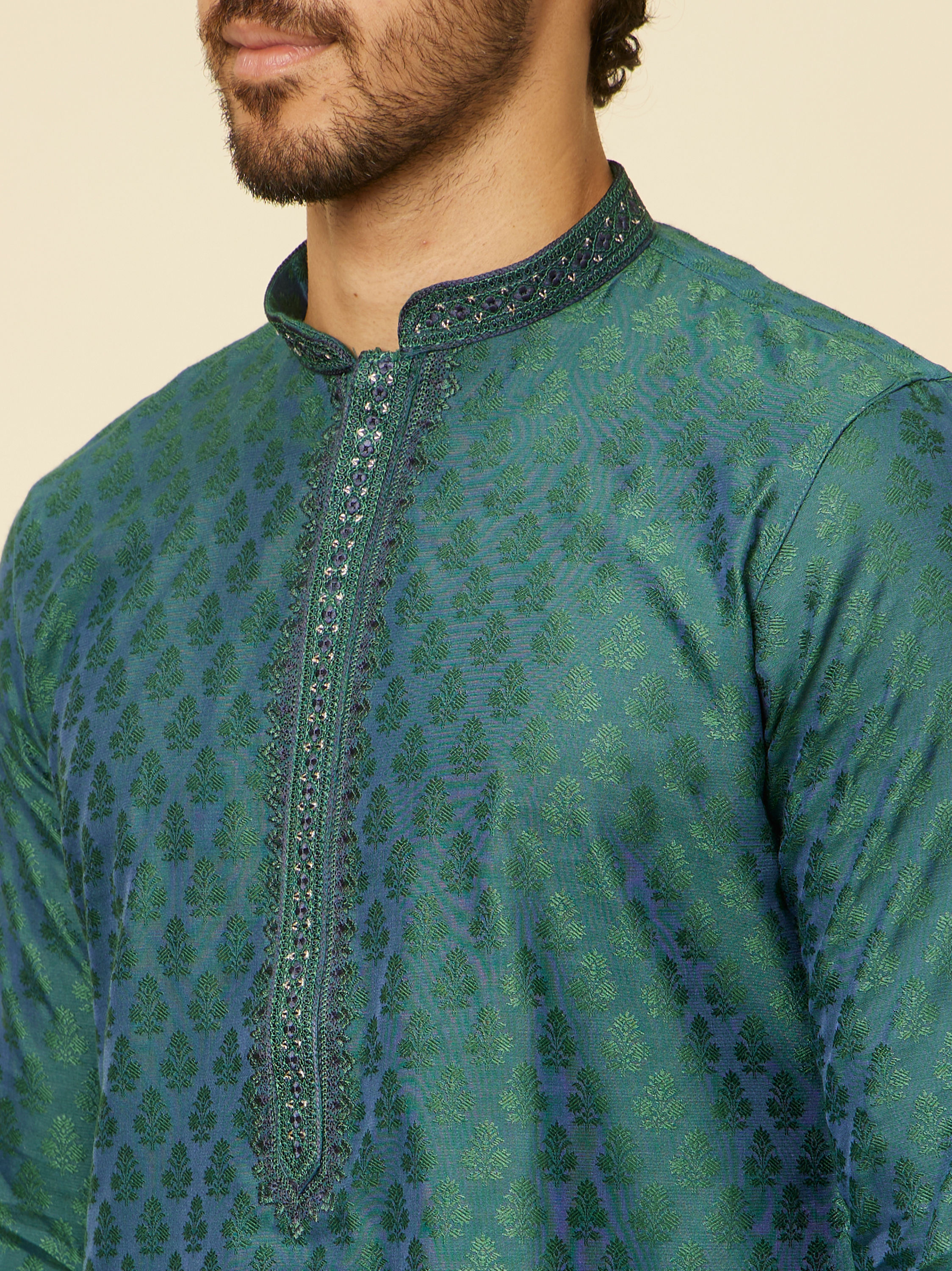 Manyavar Men Teal Green Sequin Embroidered Bandhgala Kurta Set