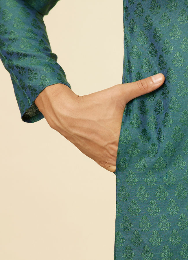 alt message - Manyavar Men Teal Green Sequin Embroidered Bandhgala Kurta Set image number 3