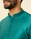 Manyavar Men Teal Blue Moroccan Patterned Kurta Set