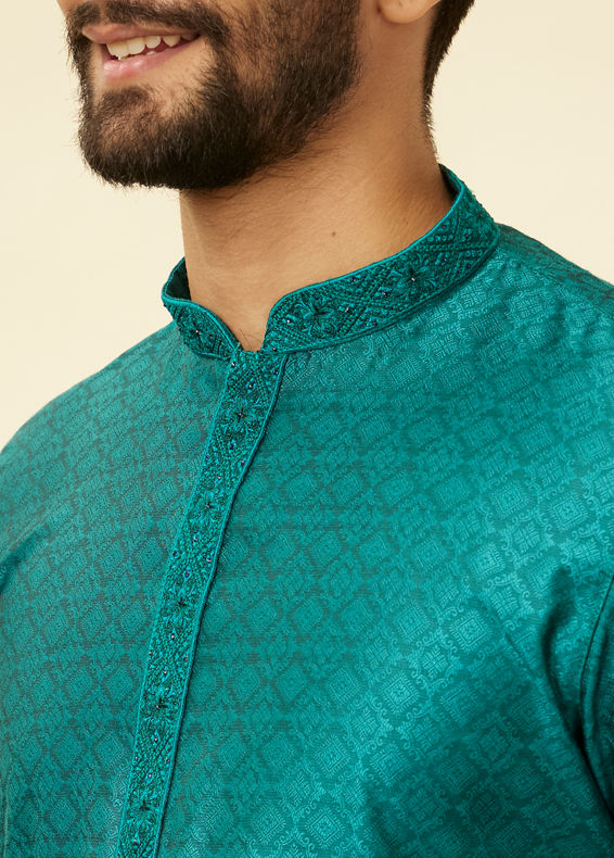 Manyavar Men Teal Blue Moroccan Patterned Kurta Set