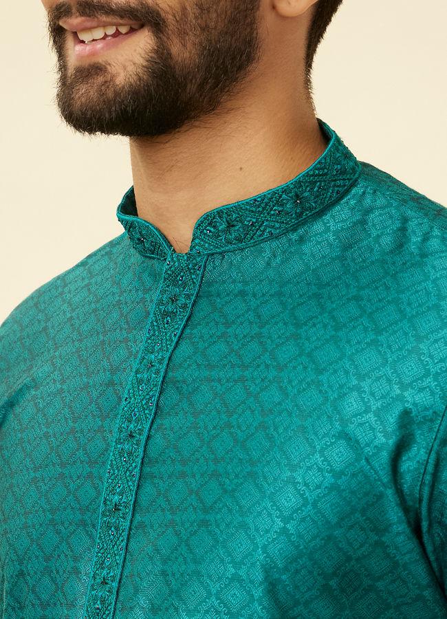 Manyavar Men Teal Blue Moroccan Patterned Kurta Set