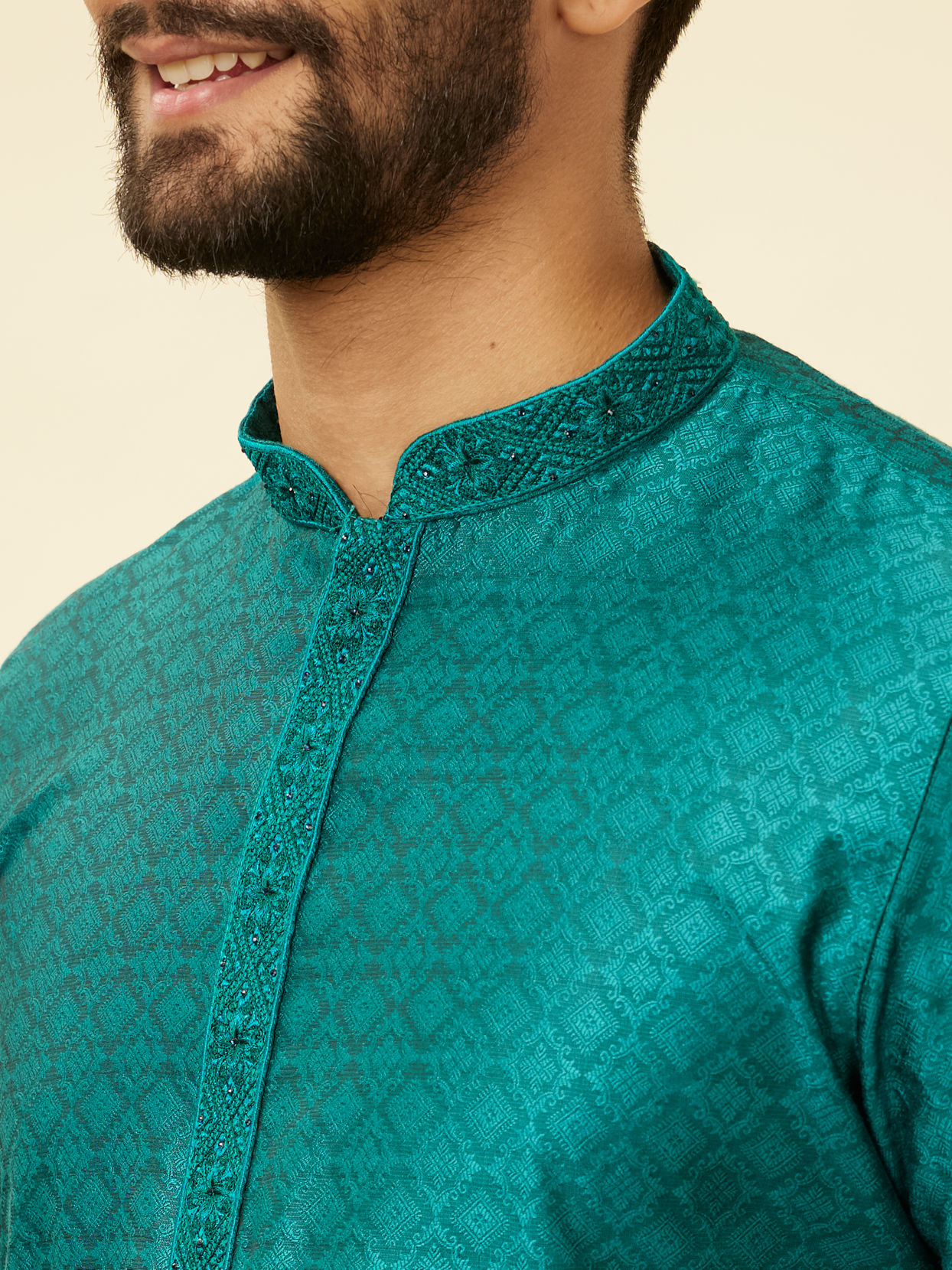 Manyavar Men Teal Blue Moroccan Patterned Kurta Set