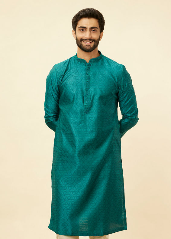 Manyavar Men Teal Blue Moroccan Patterned Kurta Set