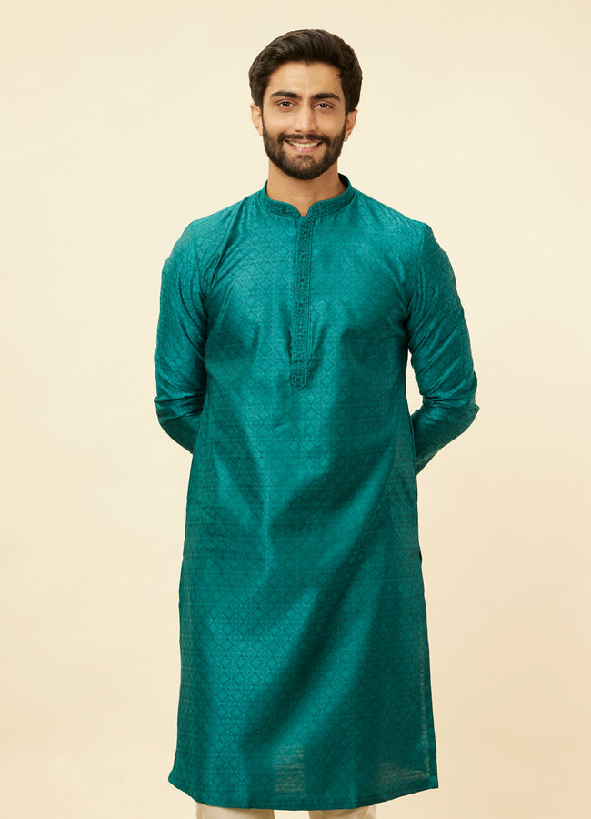 Manyavar Men Teal Blue Moroccan Patterned Kurta Set