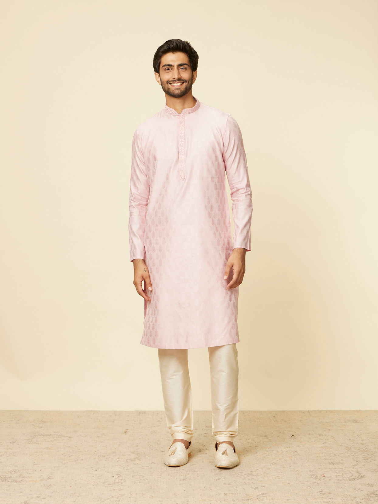Manyavar Men Seashell Pink Imperial Printed Kurta Set