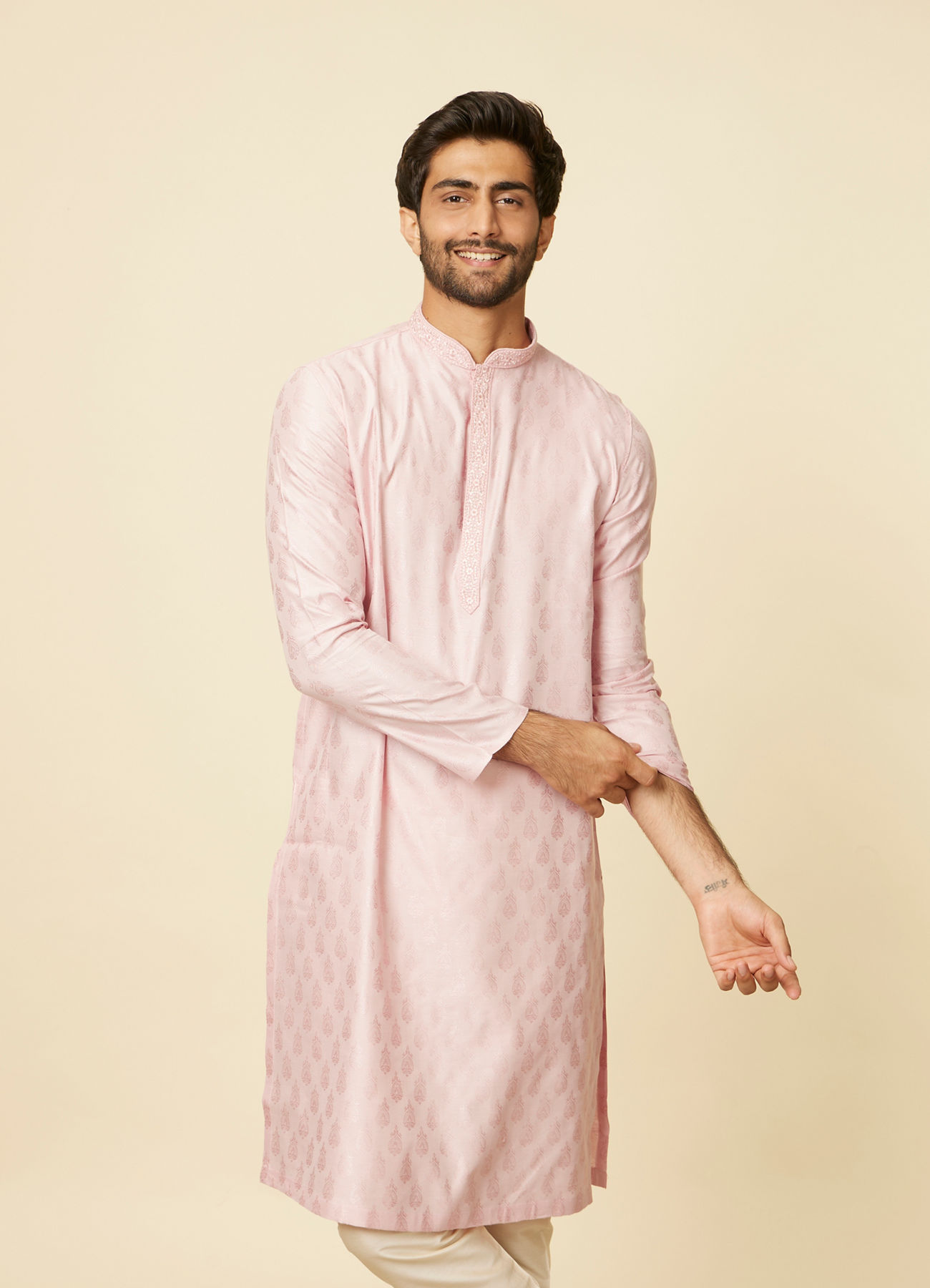 Manyavar Men Seashell Pink Imperial Printed Kurta Set